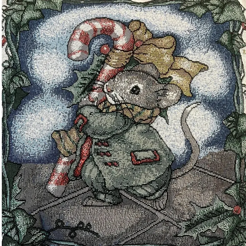 VTG Mouse Candy Cane Tapestry‎ Pillow Holiday Winter Decor Green Snowflake Back